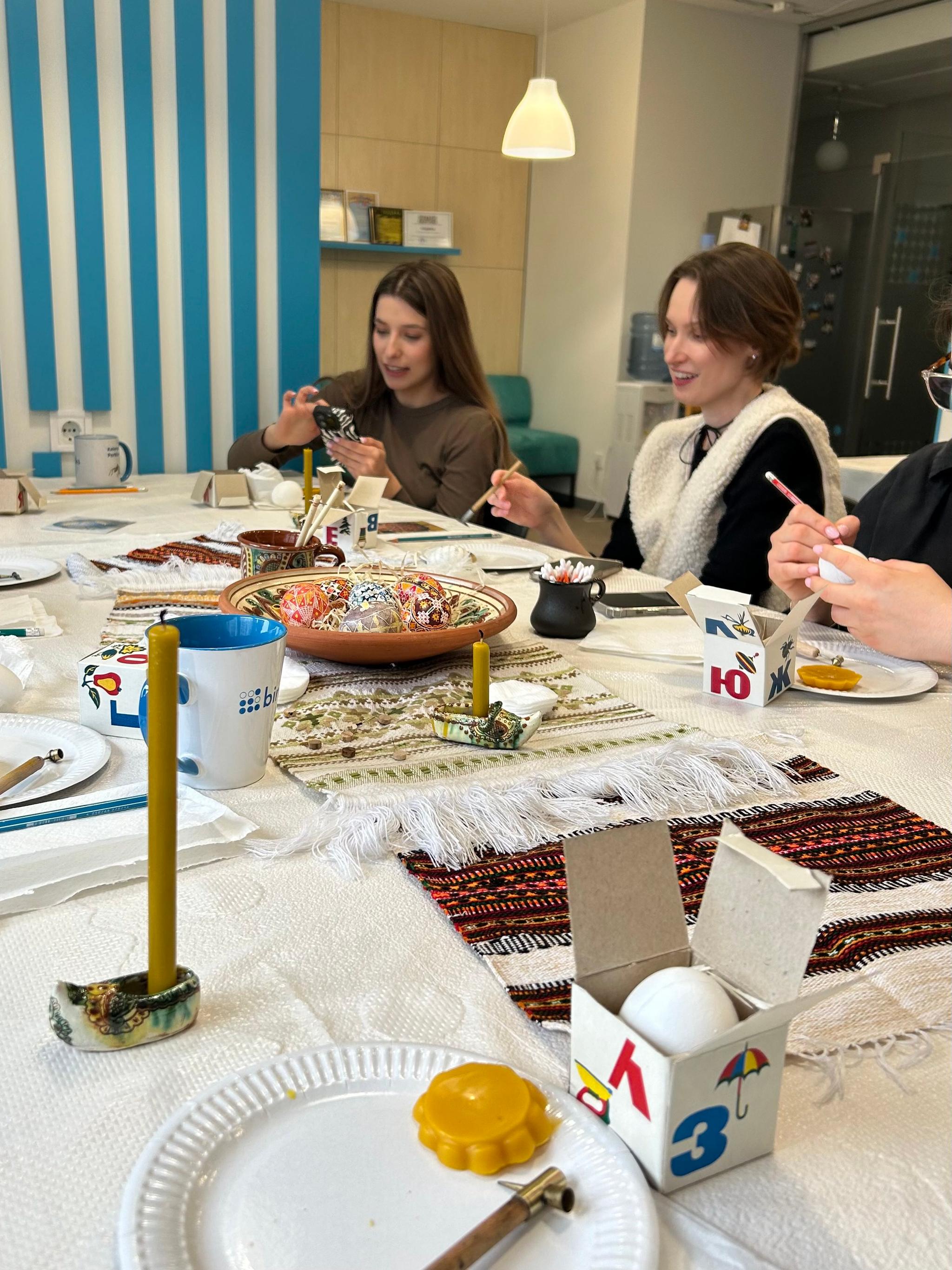 Binariks team decorating Easter eggs at a pysanka workshop