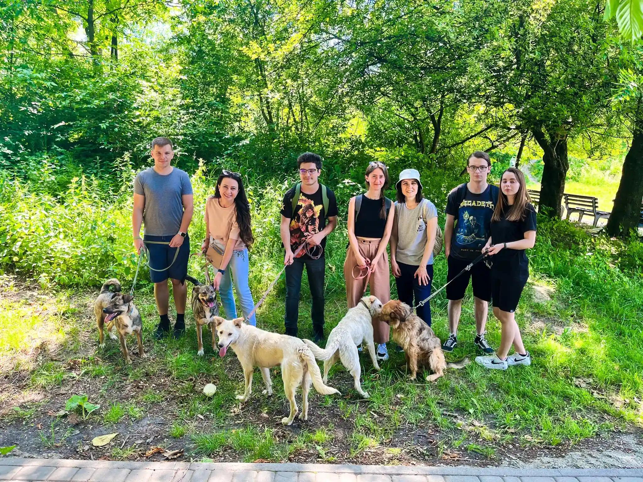 Binariks volunteers walking dogs at a local animal shelter