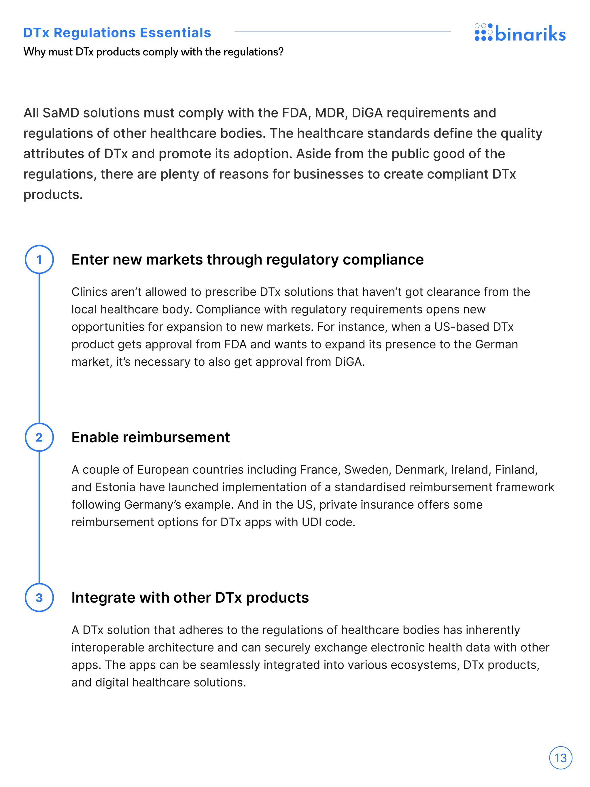 DTx regulations whitepaper — "Why must DTx products comply with the regulations?" page on market entry, reimbursement and integration