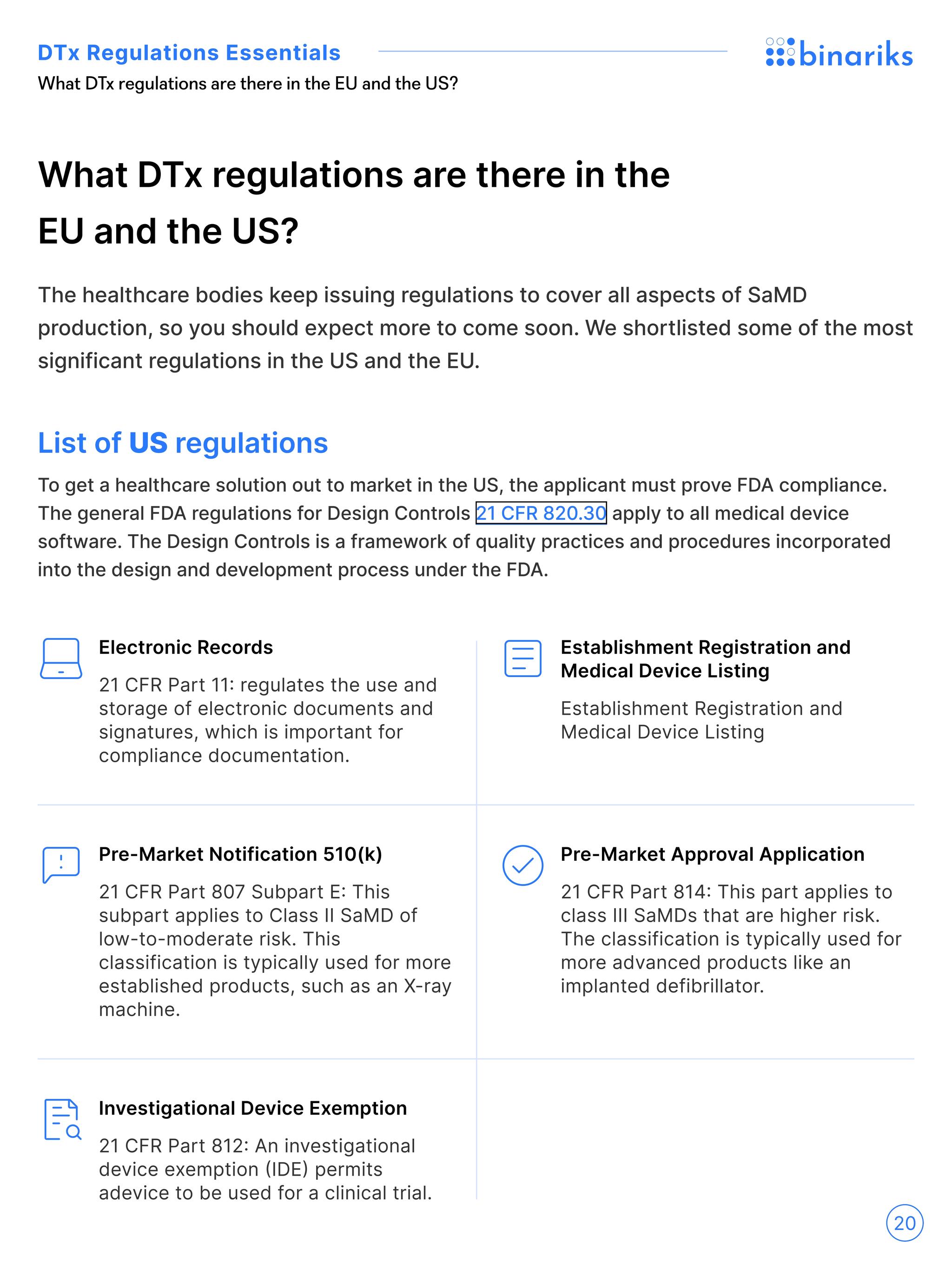 DTx regulations whitepaper — "What DTx regulations are there in the EU and the US?" page with the list of US regulations