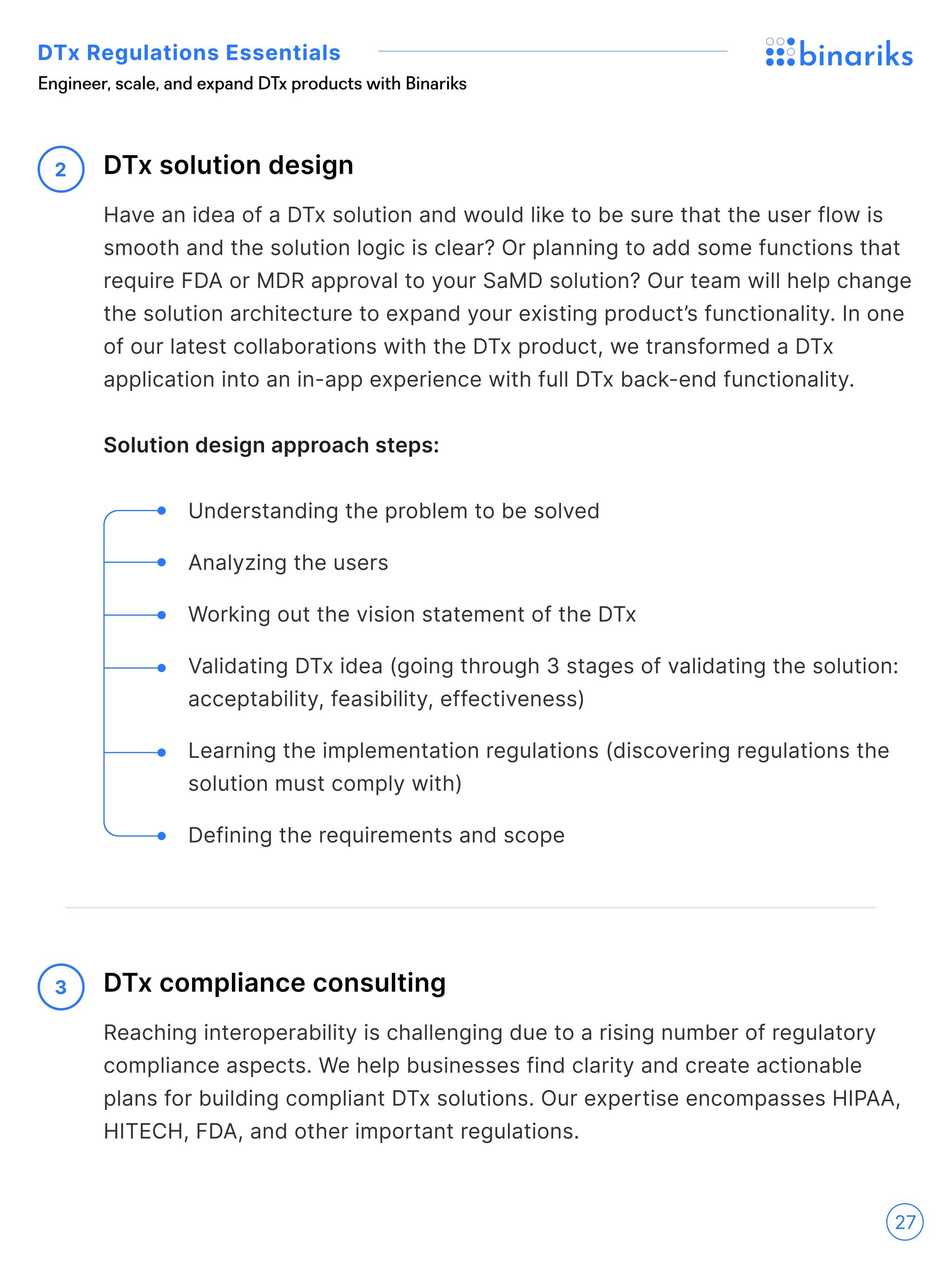 DTx regulations whitepaper — "Engineer, scale, and expand DTx products with Binariks" page on DTx solution design and compliance consulting