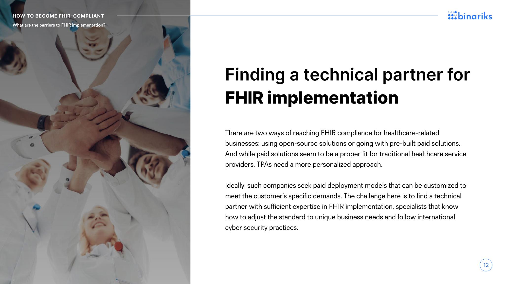 FHIR whitepaper — "Finding a technical partner for FHIR implementation" page on open-source versus paid routes to compliance