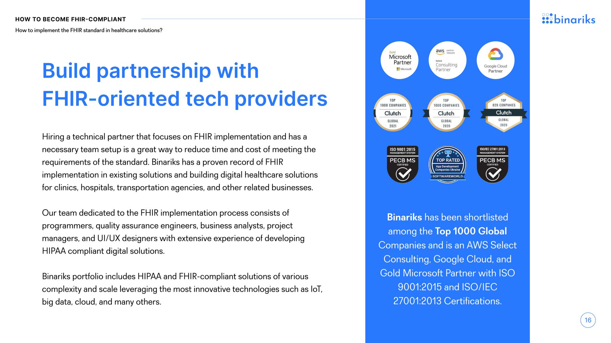 FHIR whitepaper — "Build partnership with FHIR-oriented tech providers" page with Binariks partner badges and ISO certifications