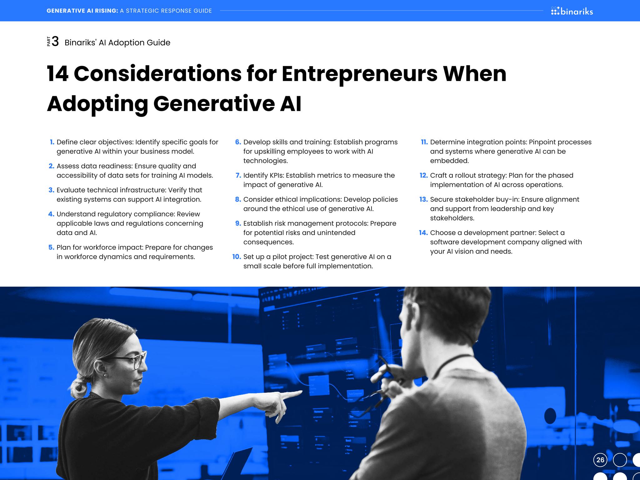 Generative AI Rising whitepaper — "14 Considerations for Entrepreneurs When Adopting Generative AI" page listing the fourteen adoption steps