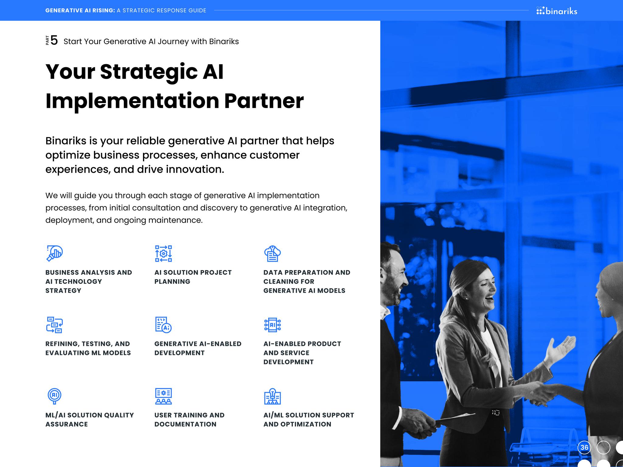 Generative AI Rising whitepaper — "Your Strategic AI Implementation Partner" page listing the nine Binariks generative AI services